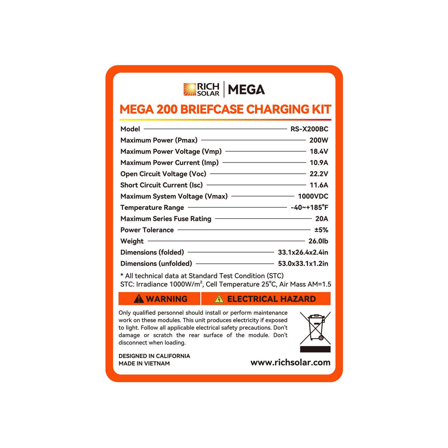 MEGA 200 Portable Briefcase Charging Kit | 200 Watt Portable Solar Panel | Premium 12V Portable Solar Panel for Generators, Vans, Campers | High Efficiency - RICH SOLAR