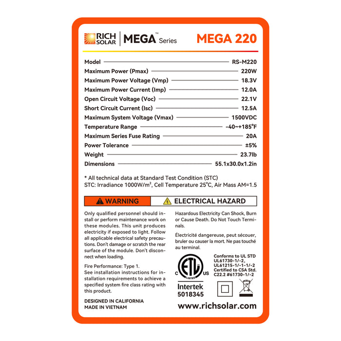 Rich Solar MEGA 220 panel back and mounting hole detail