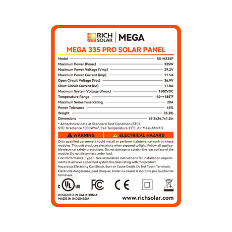 MEGA 335 PRO | 335 Watt Solar Panel | Premium Grid-tie or Off-grid Solar Panel for Residential, Commercial, Agriculture | 25-Year Output Warranty | UL Certified - RICH SOLAR