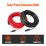 10 Gauge Solar Panel Extension Cable with Male and Female Solar Connector Ends | Pair of 10AWG Red and Black Extension Wire with Connectors on Both Ends | Choose Cable Length: 10ft, 15ft, 20ft, 30ft, 50ft, 75ft, 100ft