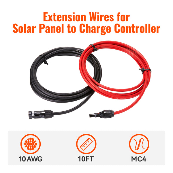 10 Gauge Extension Cable to Connect Solar Panel to Charge Controller | Pair of 10AWG Red and Black Extension Wires for Solar Panel to Charge Controller | Choose Cable Length: 10ft, 20ft, 30ft