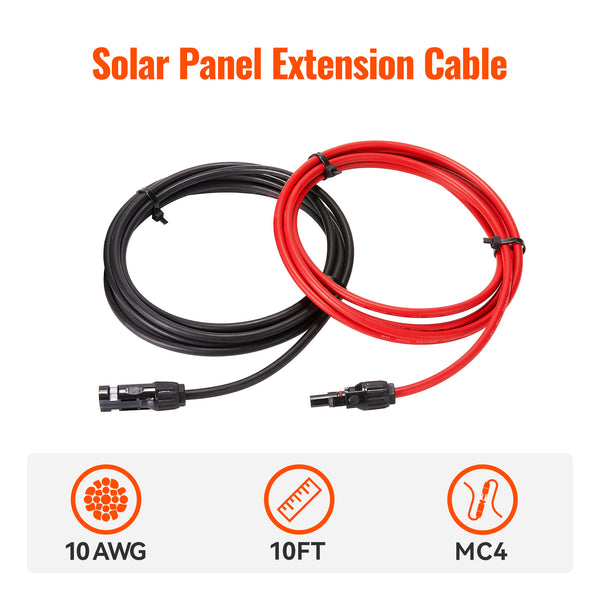 10 Gauge Solar Panel Extension Cable with Male and Female Solar Connector Ends | Pair of 10AWG Red and Black Extension Wire with Connectors on Both Ends | Choose Cable Length: 10ft, 15ft, 20ft, 30ft, 50ft, 75ft, 100ft