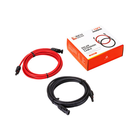10 Gauge Solar Panel Extension Cable with Male and Female Solar Connector Ends | Pair of 10AWG Red and Black Extension Wire with Connectors on Both Ends | Choose Cable Length: 10ft, 15ft, 20ft, 30ft, 50ft, 75ft, 100ft - RICH SOLAR
