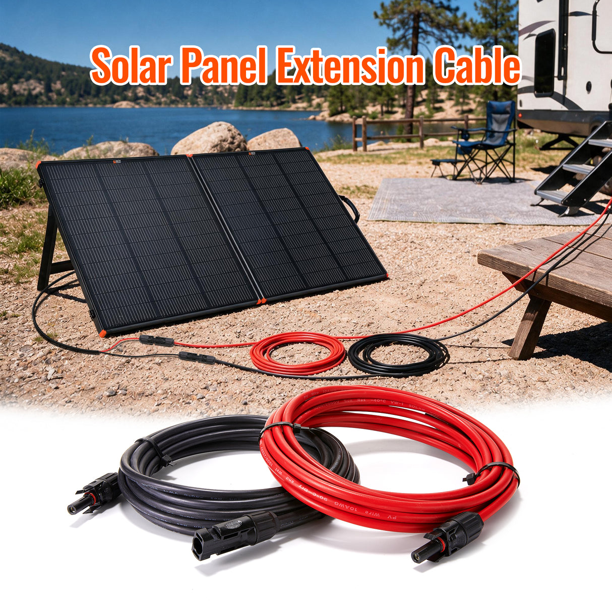 10 Gauge Solar Panel Extension Cable with Male and Female Solar Connector Ends | Pair of 10AWG Red and Black Extension Wire with Connectors on Both Ends | Choose Cable Length: 10ft, 15ft, 20ft, 30ft, 50ft, 75ft, 100ft