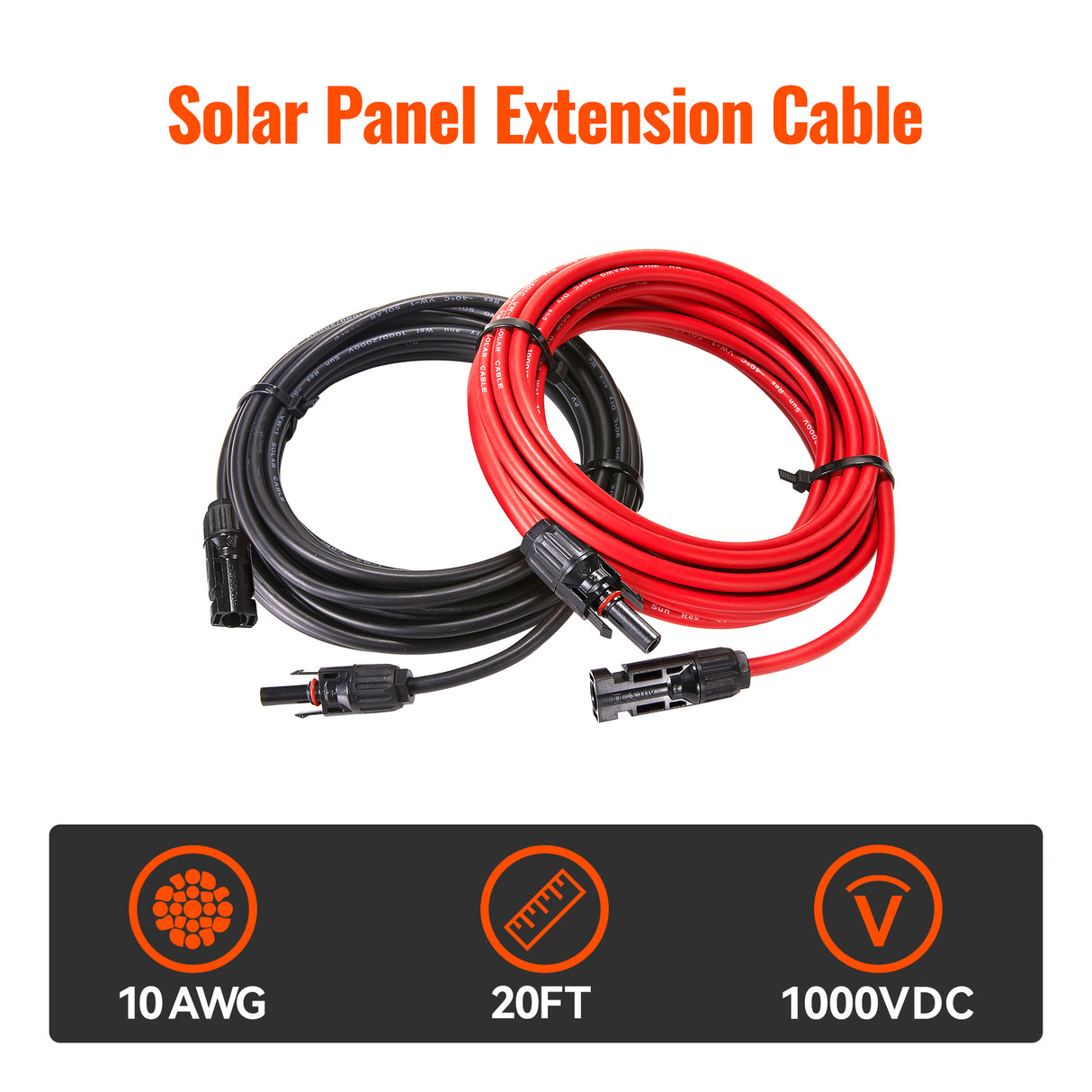 10 Gauge Solar Panel Extension Cable with Male and Female Solar Connector Ends | Pair of 10AWG Red and Black Extension Wire with Connectors on Both Ends | Choose Cable Length: 10ft, 15ft, 20ft, 30ft, 50ft, 75ft, 100ft