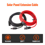 10 Gauge Solar Panel Extension Cable with Male and Female Solar Connector Ends | Pair of 10AWG Red and Black Extension Wire with Connectors on Both Ends | Choose Cable Length: 10ft, 15ft, 20ft, 30ft, 50ft, 75ft, 100ft