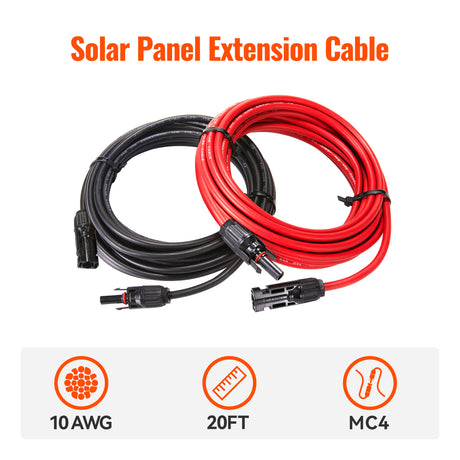 10 Gauge Solar Panel Extension Cable with Male and Female Solar Connector Ends | Pair of 10AWG Red and Black Extension Wire with Connectors on Both Ends | Choose Cable Length: 10ft, 15ft, 20ft, 30ft, 50ft, 75ft, 100ft - RICH SOLAR