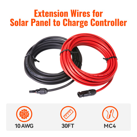 10 Gauge Extension Cable to Connect Solar Panel to Charge Controller | Pair of 10AWG Red and Black Extension Wires for Solar Panel to Charge Controller | Choose Cable Length: 10ft, 20ft, 30ft - RICH SOLAR
