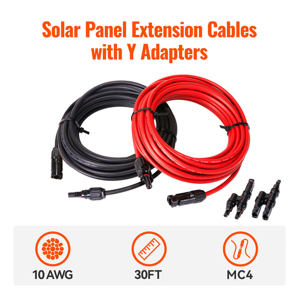 10 Gauge Solar Panel Extension Cable with Male and Female Solar Connector Ends and Parallel Connectors | Pair of 10AWG Red and Black Extension Wire and Parallel Connectors | Choose Cable Length: 30ft, 50ft