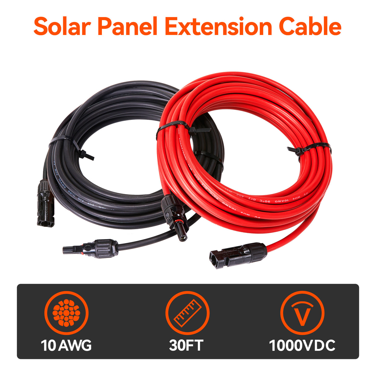 10 Gauge Solar Panel Extension Cable with Male and Female Solar Connector Ends | Pair of 10AWG Red and Black Extension Wire with Connectors on Both Ends | Choose Cable Length: 10ft, 15ft, 20ft, 30ft, 50ft, 75ft, 100ft