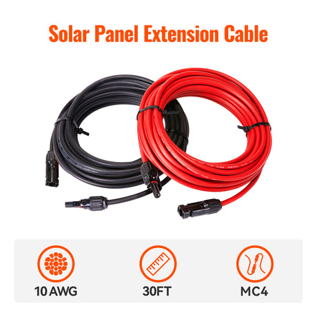 10 Gauge Solar Panel Extension Cable with Male and Female Solar Connector Ends | Pair of 10AWG Red and Black Extension Wire with Connectors on Both Ends | Choose Cable Length: 10ft, 15ft, 20ft, 30ft, 50ft, 75ft, 100ft - RICH SOLAR