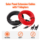 10 Gauge Solar Panel Extension Cable with Male and Female Solar Connector Ends and Parallel Connectors | Pair of 10AWG Red and Black Extension Wire and Parallel Connectors | Choose Cable Length: 30ft, 50ft - RICH SOLAR