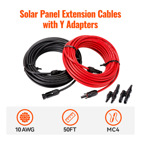 10 Gauge Solar Panel Extension Cable with Male and Female Solar Connector Ends and Parallel Connectors | Pair of 10AWG Red and Black Extension Wire and Parallel Connectors | Choose Cable Length: 30ft, 50ft - RICH SOLAR