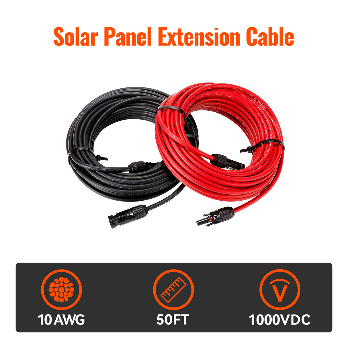 10 Gauge Solar Panel Extension Cable with Male and Female Solar Connector Ends | Pair of 10AWG Red and Black Extension Wire with Connectors on Both Ends | Choose Cable Length: 10ft, 15ft, 20ft, 30ft, 50ft, 75ft, 100ft