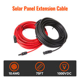 10 Gauge Solar Panel Extension Cable with Male and Female Solar Connector Ends | Pair of 10AWG Red and Black Extension Wire with Connectors on Both Ends | Choose Cable Length: 10ft, 15ft, 20ft, 30ft, 50ft, 75ft, 100ft