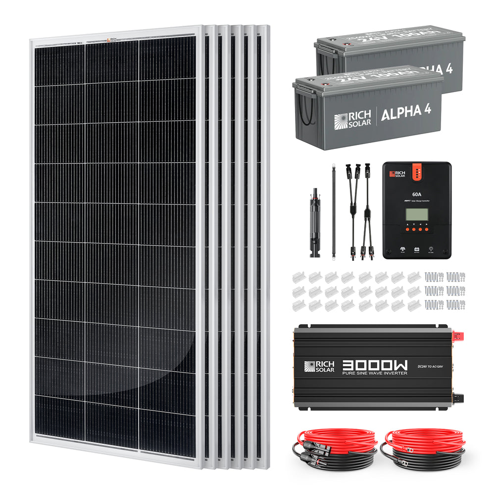 Rich Solar RS-CK1200 complete solar kit accessories with controller cables brackets fuse holder and adapters