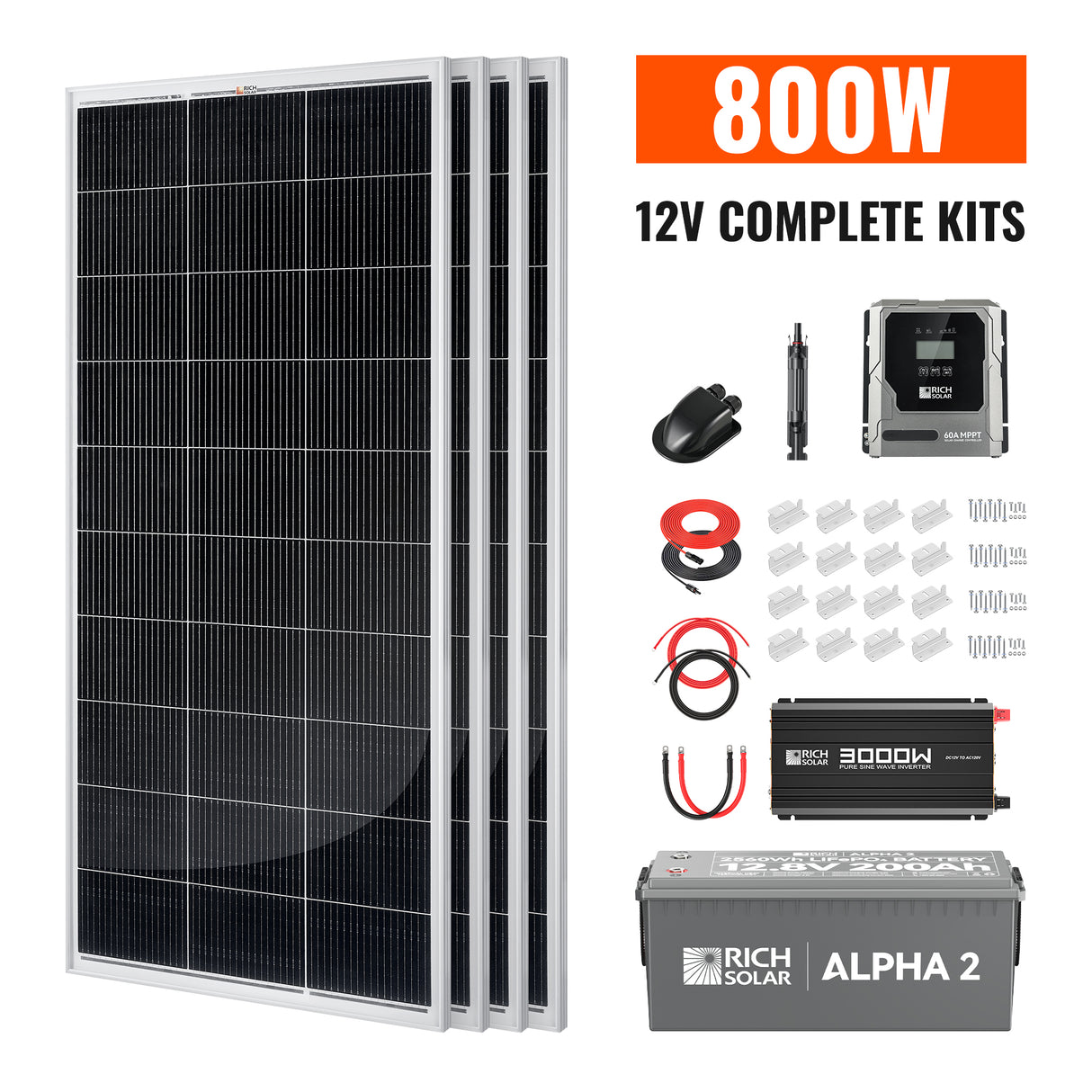 Complete 800W Solar Kit with Battery & Inverter | Off-Grid Solar Power System for RVs, Vans, Cabins & Backup Power | Complete Energy Solution - RICH SOLAR