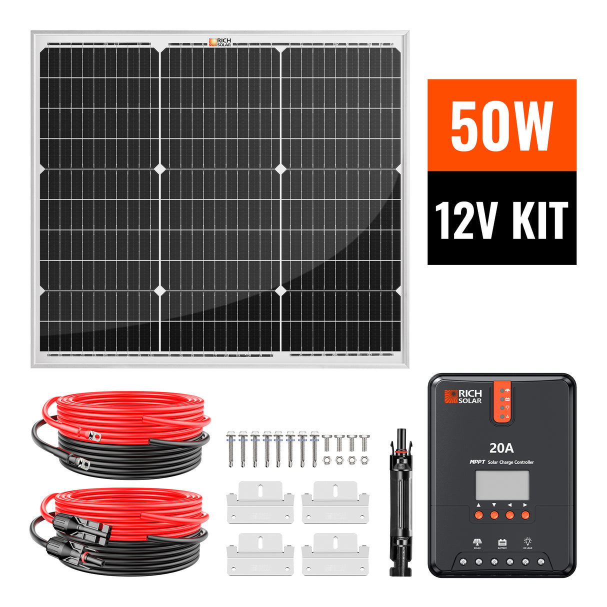50 Watt Solar Kit | Includes 50W Solar Panel + 20A MPPT Solar Controller + Wires and Brackets | DIY Complete Solar Kit without Batteries