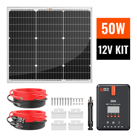 50 Watt Solar Kit | Includes 50W Solar Panel + 20A MPPT Solar Controller + Wires and Brackets | DIY Complete Solar Kit without Batteries - RICH SOLAR