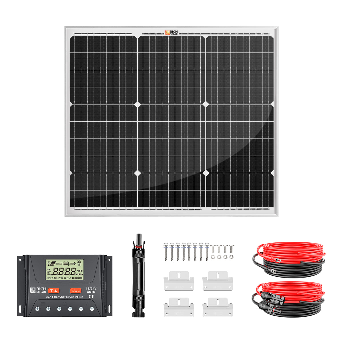 50 Watt Solar Kit | Includes 50W Solar Panel + 30A PWM Solar Controller + Wires and Brackets | DIY Complete Solar Kit without Batteries - RICH SOLAR