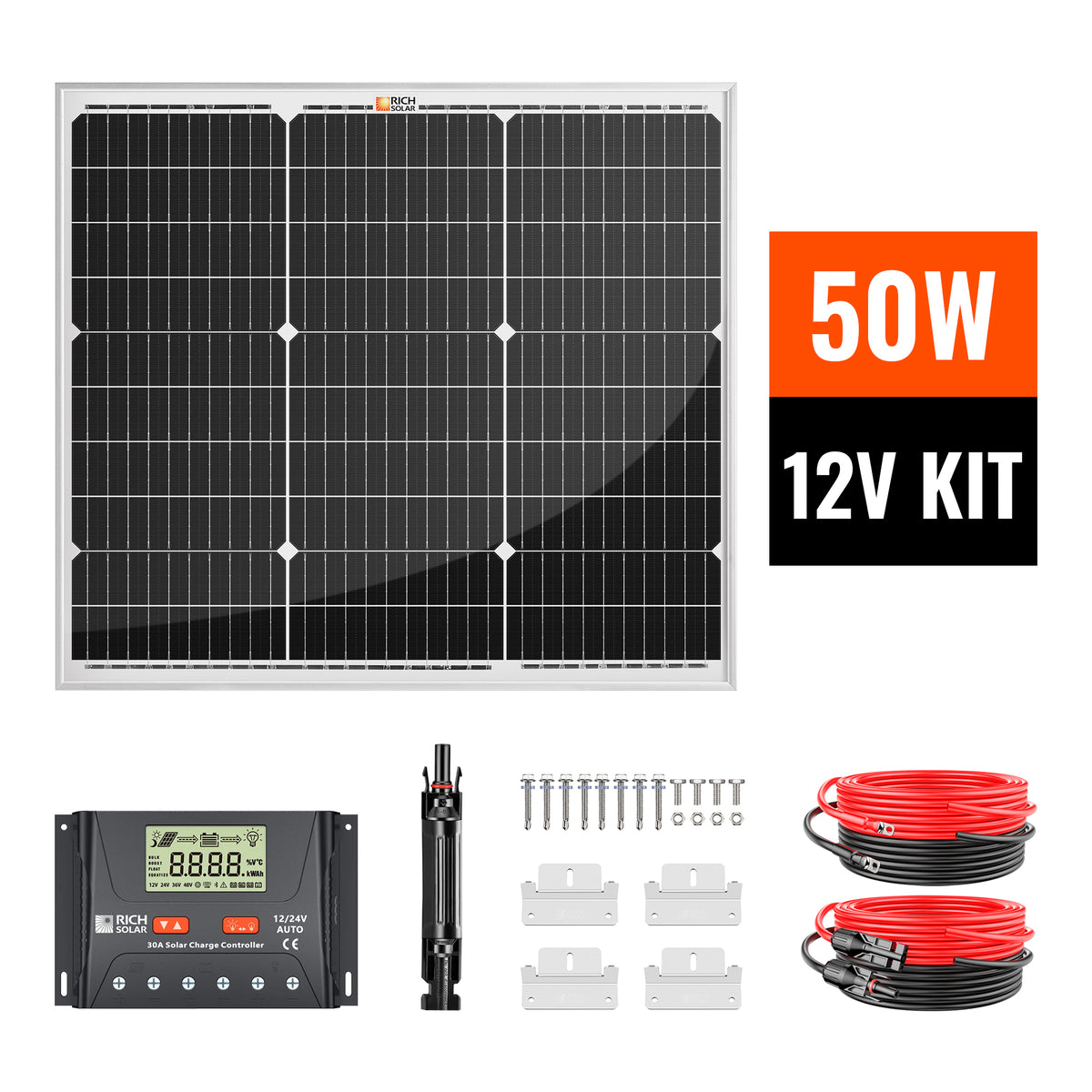 50 Watt Solar Kit | Includes 50W Solar Panel + 30A PWM Solar Controller + Wires and Brackets | DIY Complete Solar Kit without Batteries - RICH SOLAR