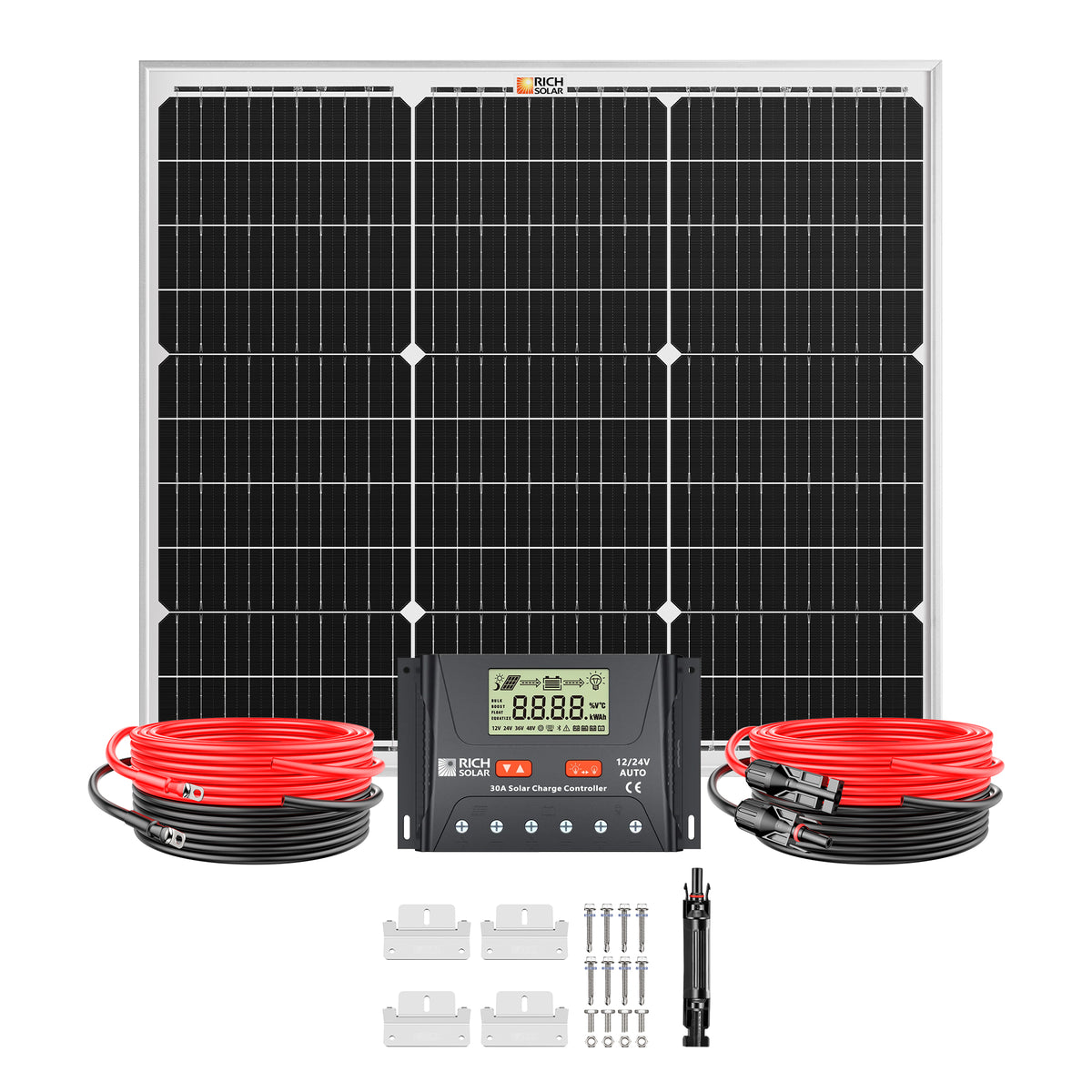 50 Watt Solar Kit | Includes 50W Solar Panel + 30A PWM Solar Controller + Wires and Brackets | DIY Complete Solar Kit without Batteries - RICH SOLAR