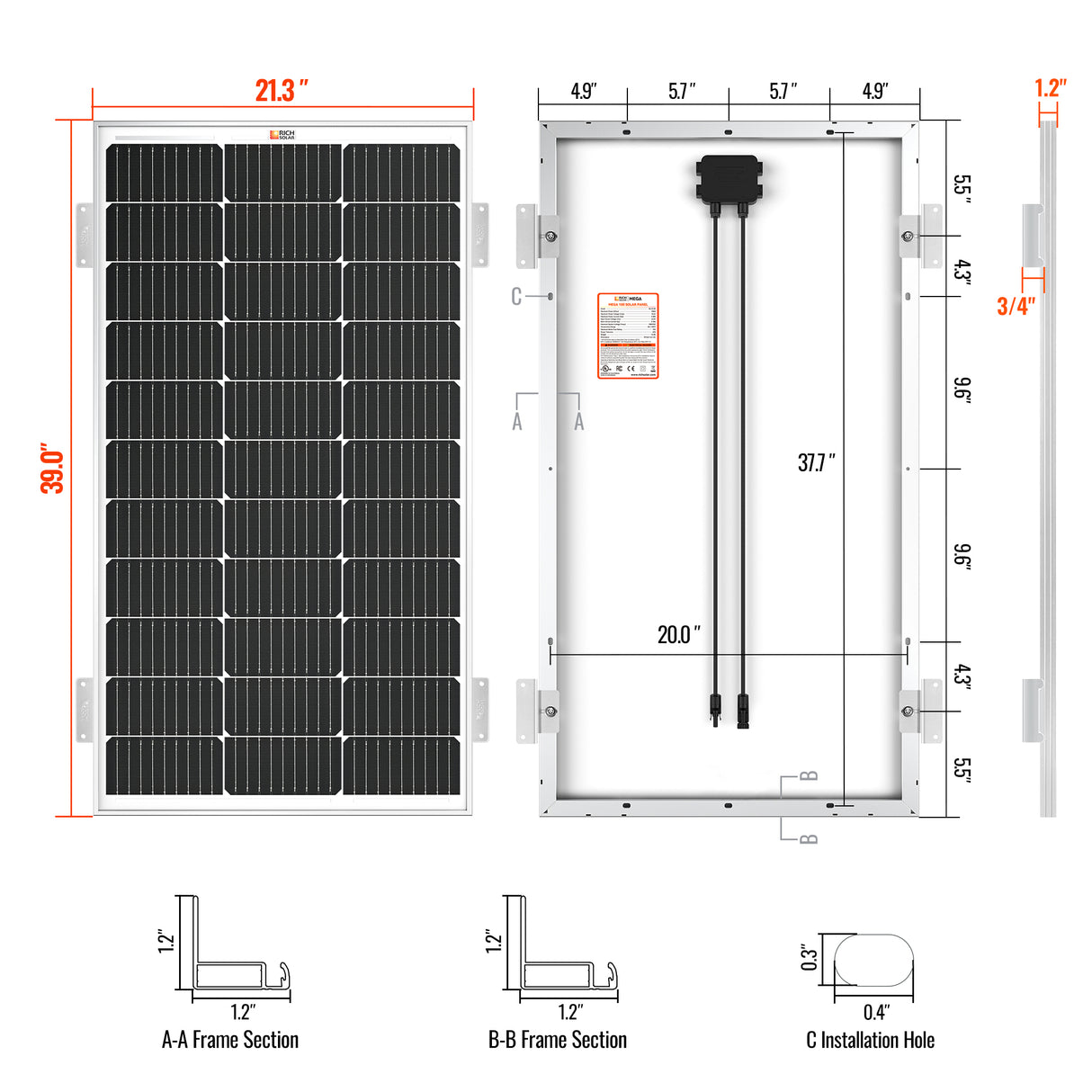 MEGA 100 WITH 3/4" Z BRACKETS | 12V 100W Solar Panel for RV, Boat, Cabins | 22.6% Efficiency, 25-Year Warranty | Pallet Orders Only (44PCS) - RICH SOLAR