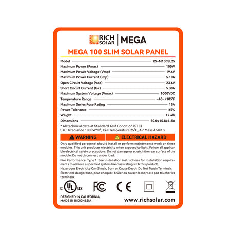 MEGA 100 SLIM | 100 Watt Slim Solar Panel | Compact 12V Off-Grid Narrow Solar Panel for Vans, Overlanders, Boats | 25-Year Output Warranty | UL Certified - RICH SOLAR