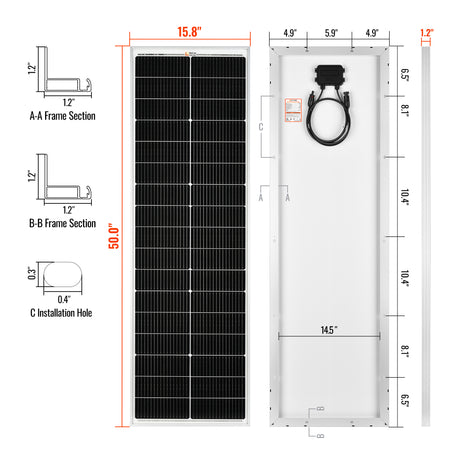 MEGA 100 SLIM | 100 Watt Slim Solar Panel | Compact 12V Off-Grid Narrow Solar Panel for Vans, Overlanders, Boats | 25-Year Output Warranty | UL Certified - RICH SOLAR