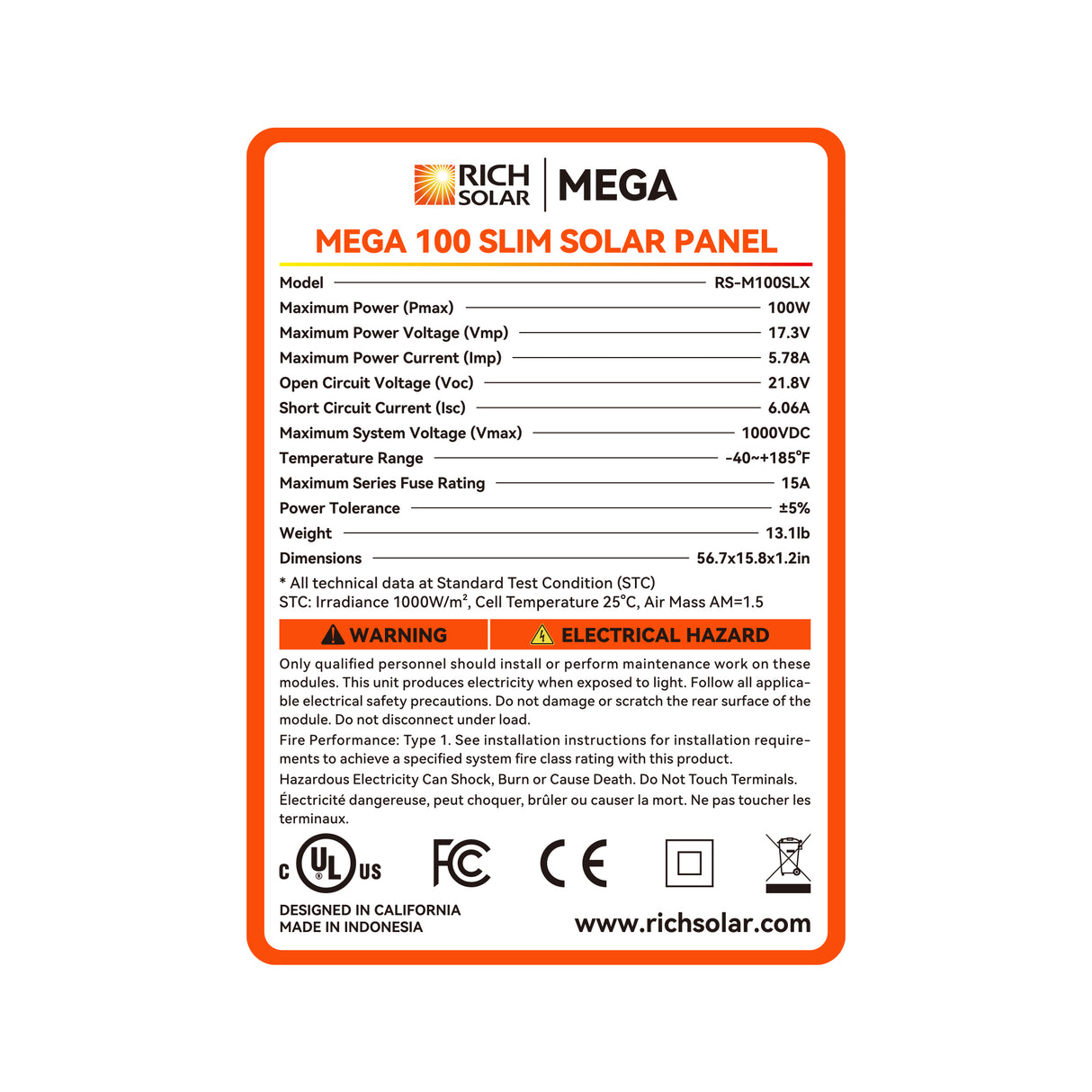 MEGA 100 SLIM 2025 | 100 Watt Slim Solar Panel | Compact 12V Off-Grid Narrow Solar Panel for Campers, Overlanders, Boats | 25-Year Output Warranty | UL Certified