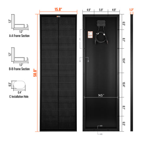 MEGA 100 SLIM | 100 Watt Slim Solar Panel | Compact 12V Off-Grid Narrow Solar Panel for Vans, Overlanders, Boats | 25-Year Output Warranty | UL Certified - RICH SOLAR