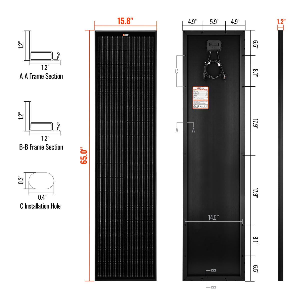 MEGA 130 SLIM ONYX | 130 Watt Slim Solar Panel | Compact 12V Narrow Panel for Vans, Campers, Boats  | 25-Year Output Warranty - RICH SOLAR
