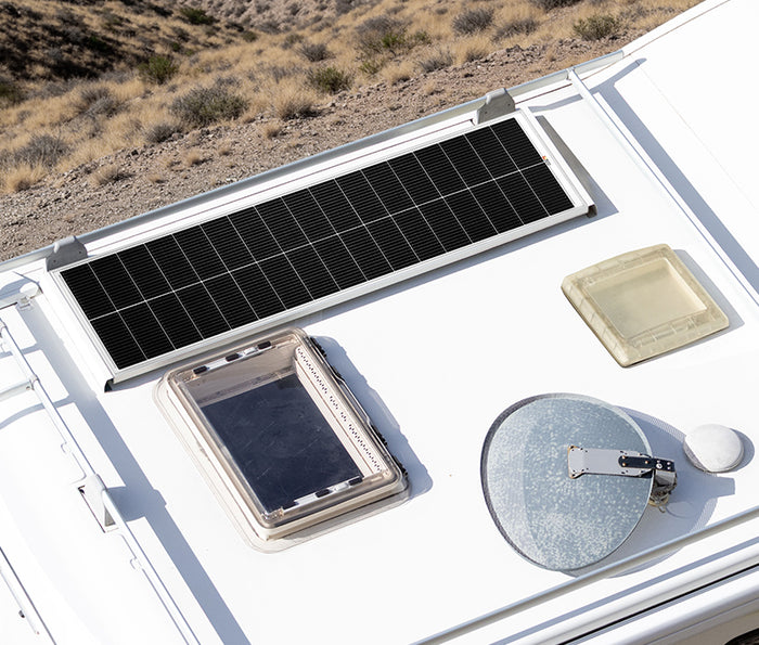 Rich Solar MEGA 130 SLIM narrow profile fitting tight RV roof installation