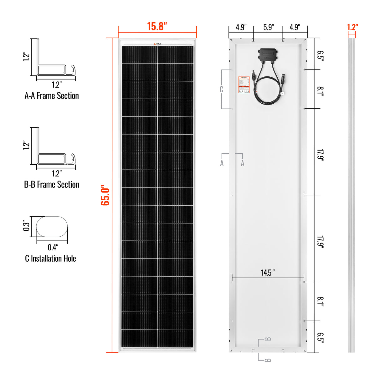 MEGA 130 SLIM | 130 Watt Slim Solar Panel | Compact 12V Narrow Panel for Vans, Campers, Boats  | UL Certified BACKORDER