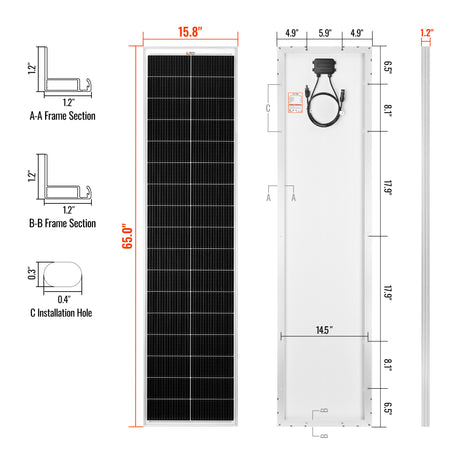 MEGA 130 SLIM | 130 Watt Slim Solar Panel | Compact 12V Narrow Panel for Vans, Campers, Boats  | UL Certified - RICH SOLAR