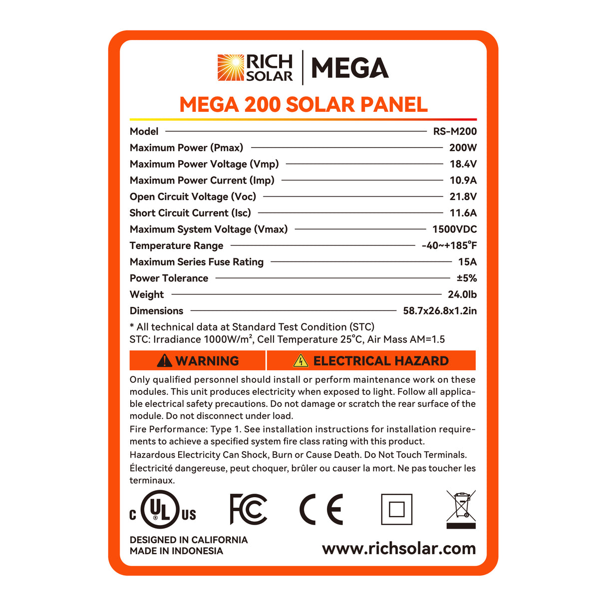 MEGA 200 | 200 Watt Solar Panel | Premier 12V Off-Grid Solar Panel for RVs Cabins, Boats | 25-Year Output Warranty | UL Certified