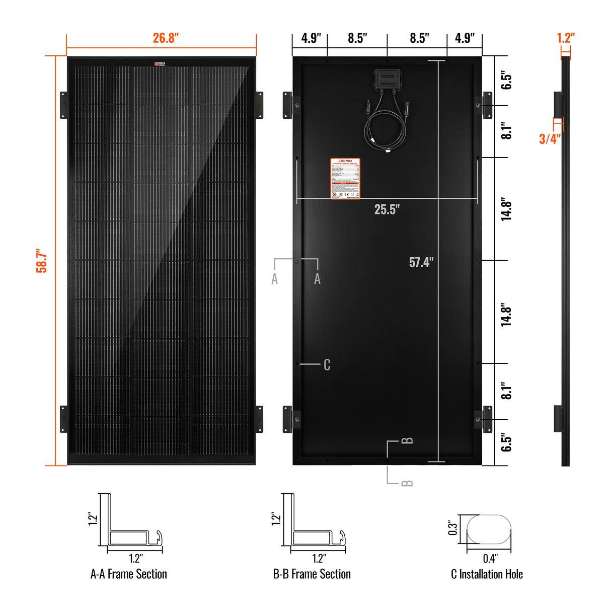 MEGA 200  ONYX WITH 3/4" Z BRACKETS | 12V 200W Solar Panel for RV, Boat, Cabins | 25.3% Efficiency, 25-Year Warranty | Pallet Orders Only (22/44/66 PCS) - RICH SOLAR