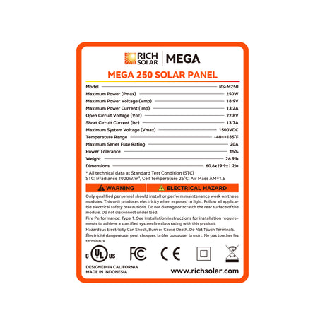 MEGA 250 | 250 Watt Solar Panel | Premier 12V Off-Grid Solar Panel for RVs, Vans, Boats | 25-Year Output Warranty | UL Certified - RICH SOLAR