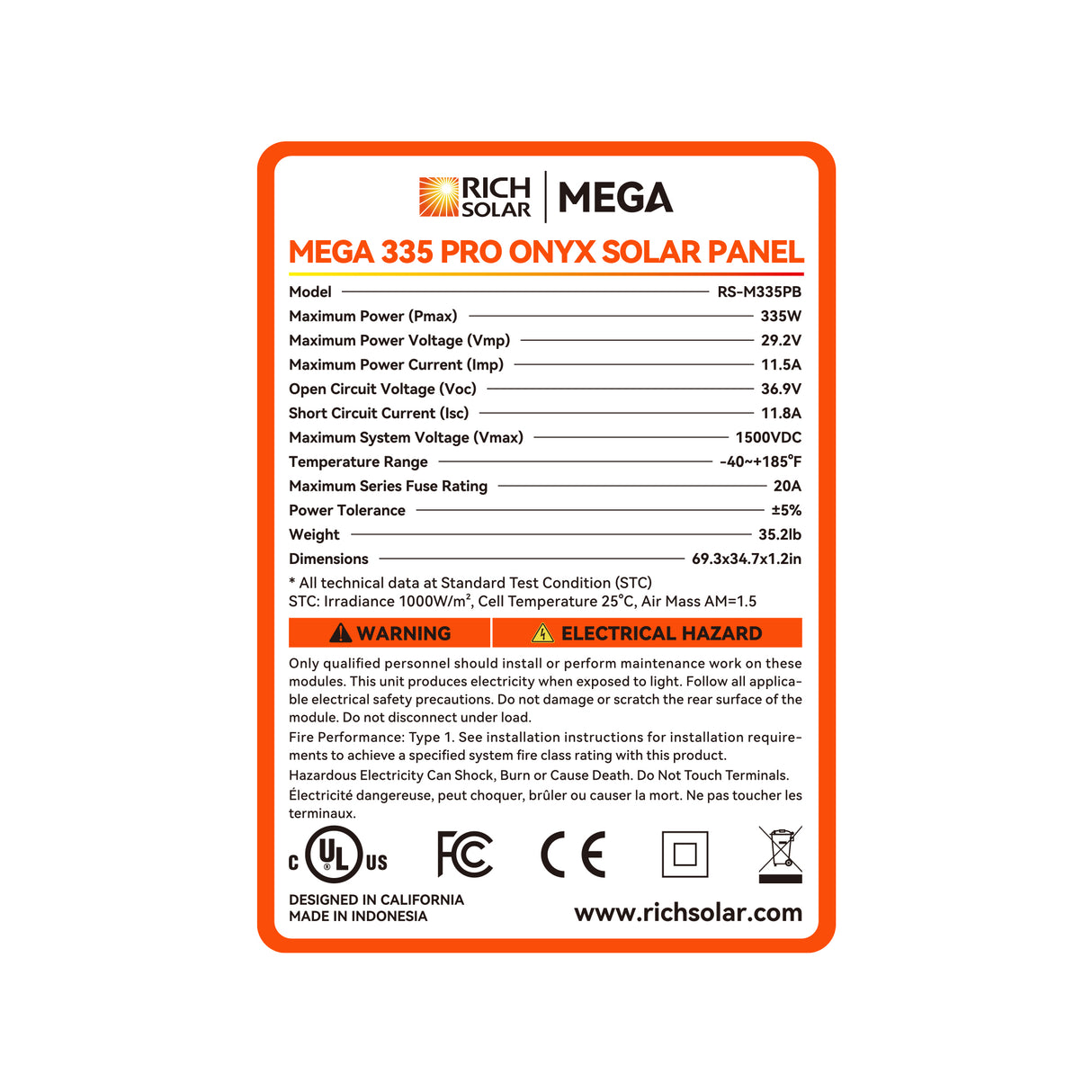 MEGA 335 PRO | 335 Watt Solar Panel | Premium Grid-tie or Off-grid Solar Panel for Residential, Commercial, Agriculture | 25-Year Output Warranty | UL Certified - RICH SOLAR