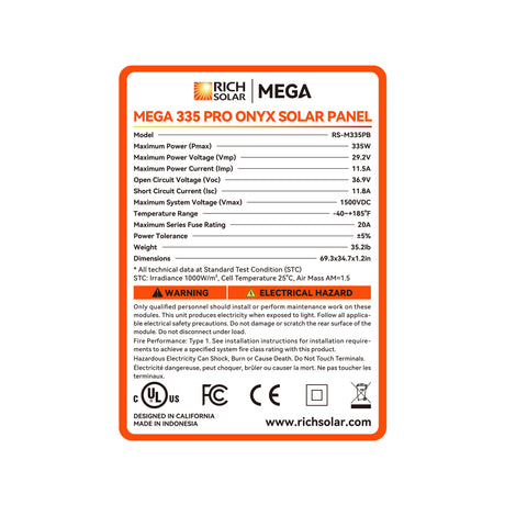 MEGA 335 PRO | 335 Watt Solar Panel | Premium Grid-tie or Off-grid Solar Panel for Residential, Commercial, Agriculture | 25-Year Output Warranty | UL Certified - RICH SOLAR