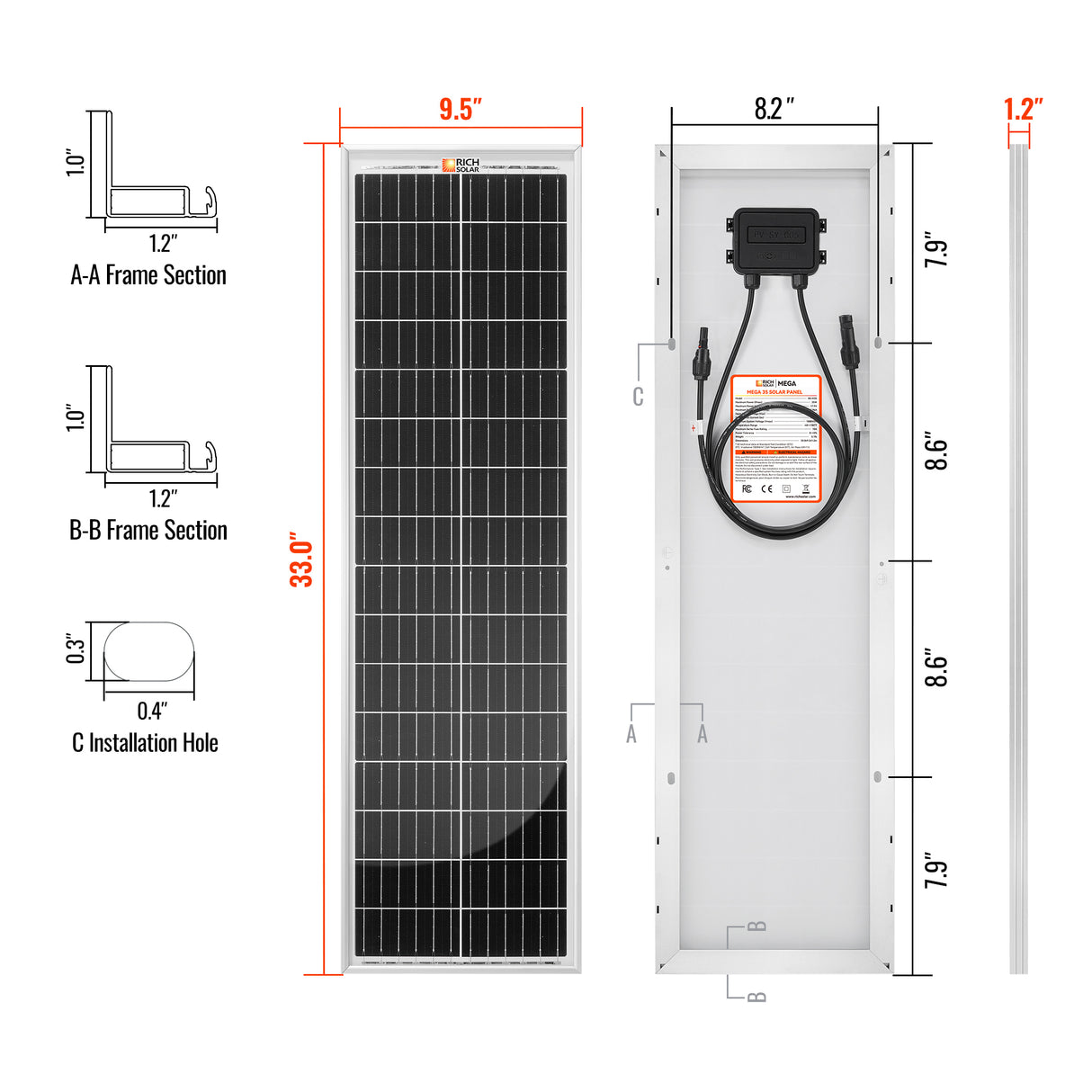 MEGA 35 | 35 Watt Solar Panel | Compact 12V Off-Grid Solar Panel for Boats, Vans, Trailers | 25-Year Output Warranty