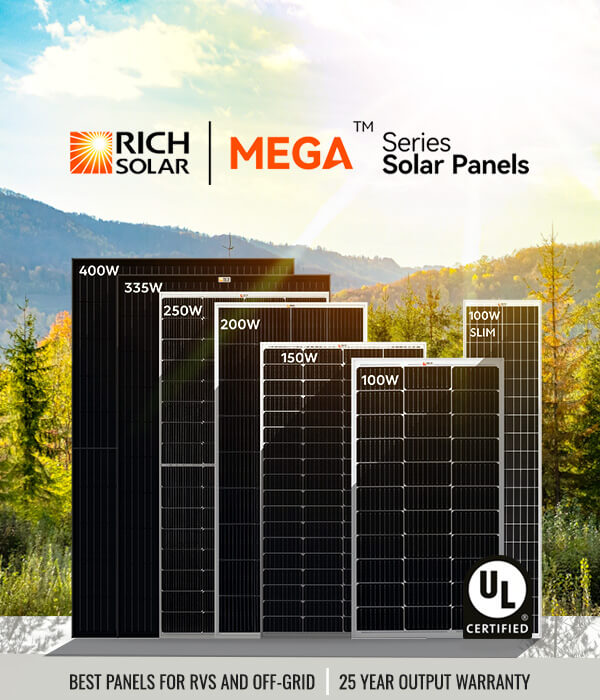 Mobile setup of RICH SOLAR Mega Series Solar Panels, designed for portable and efficient energy capture.